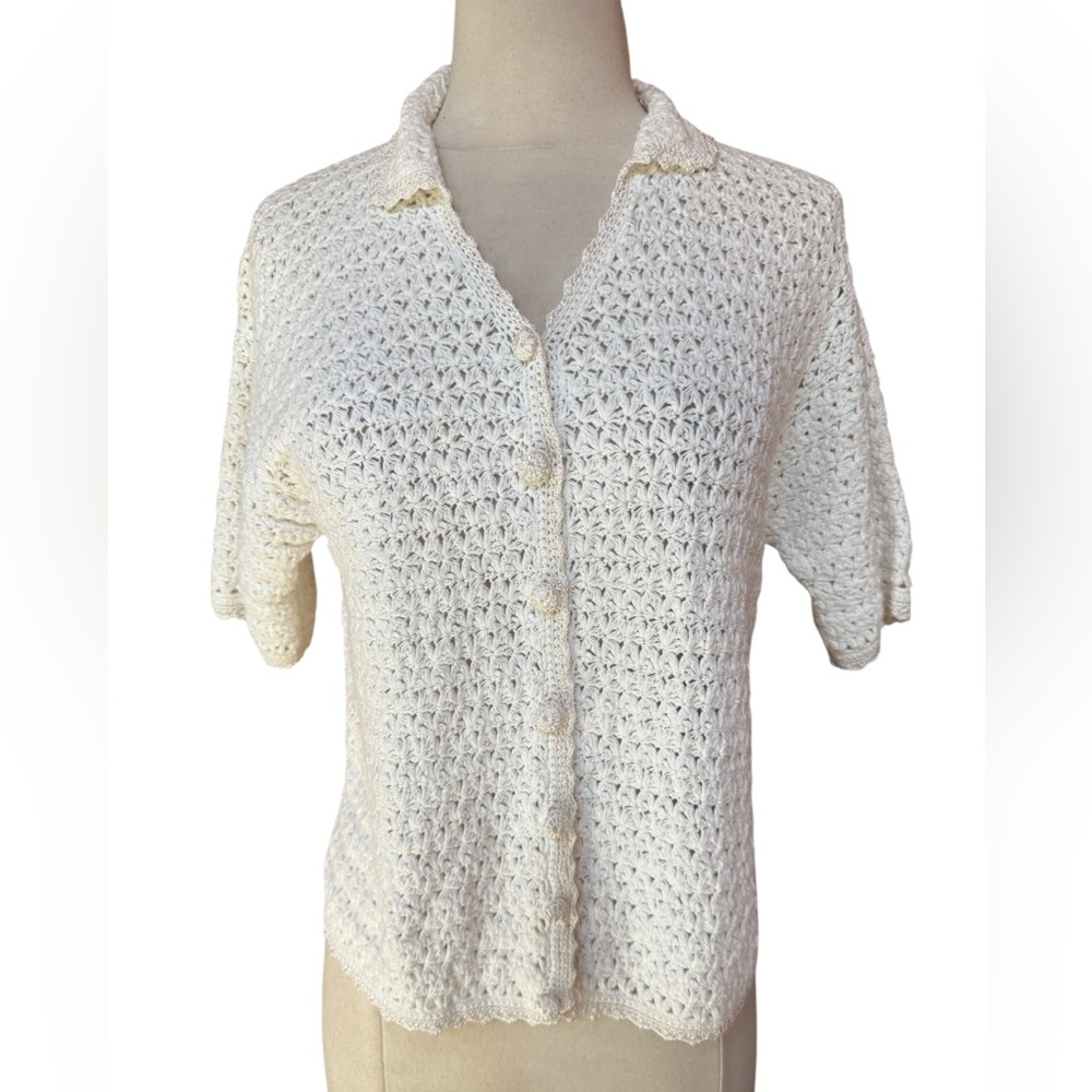 1990s Carolyn Taylor Open Knit Cotton Classic Collar Button‎ Down Front Cardigan